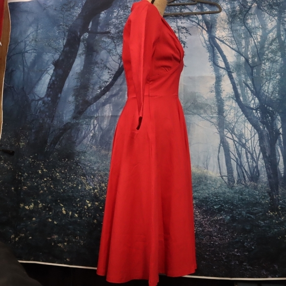 PIN UP DRESS M Red Retro Pin-up Rockabilly Long-sleeved V-neck Dance Matte 60s - Picture 12 of 14